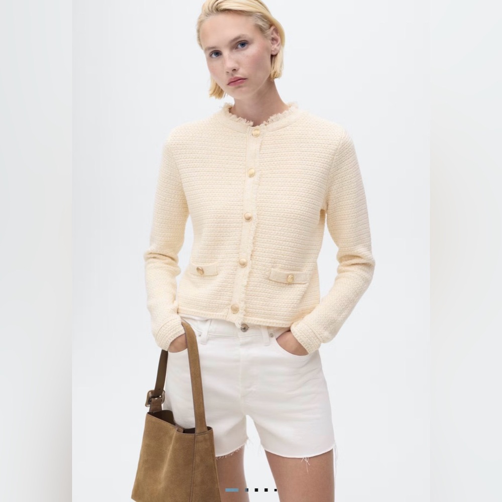 Mango Knitted Cardigan with Frayed Ends Size S Gold Tone Buttons Textured
